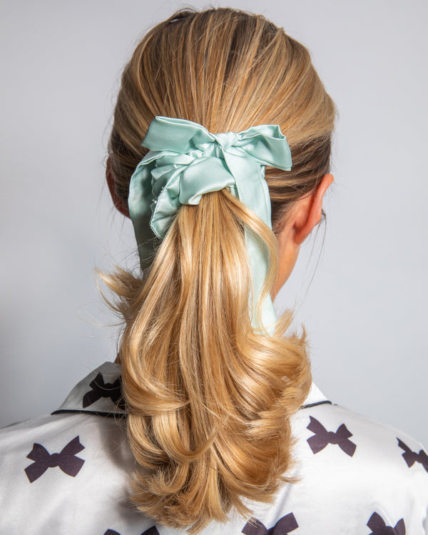 Sage Green Satin Scrunchie with Removable Bow