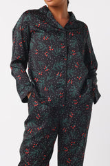 Luxe Holly Berry Print Shirt & Trouser Satin Pyjama Set