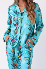 Luxe Turquoise Jungle Shirt & Trouser Satin Pyjama Set