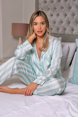 Luxe Satin Sage Stripe Shirt and Trouser Pyjama Set