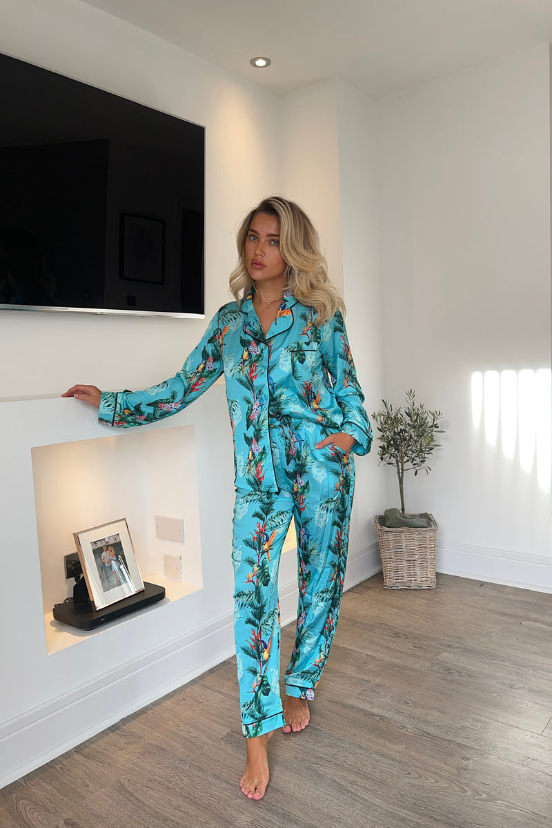Luxe Turquoise Jungle Shirt & Trouser Satin Pyjama Set